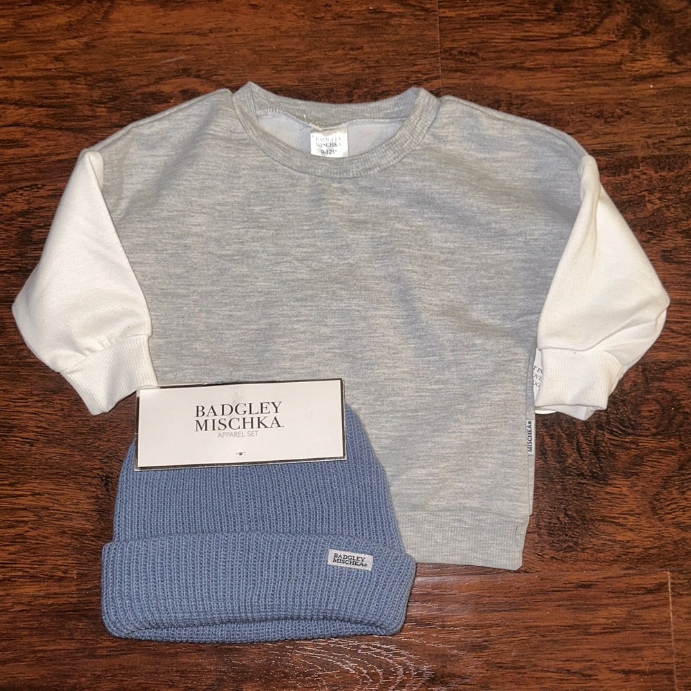 NWT Badgley Mischa Gray Sweatshirt and Blue Beanie (9-12 Months